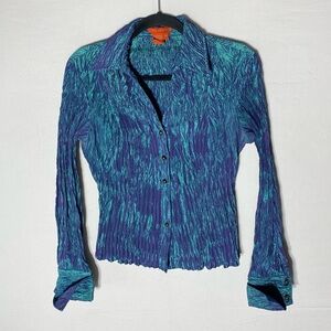 Vintage 90s Y2K Jane Blue Metallic Blue Purple Button Up Long Sleeve Crinkle Top